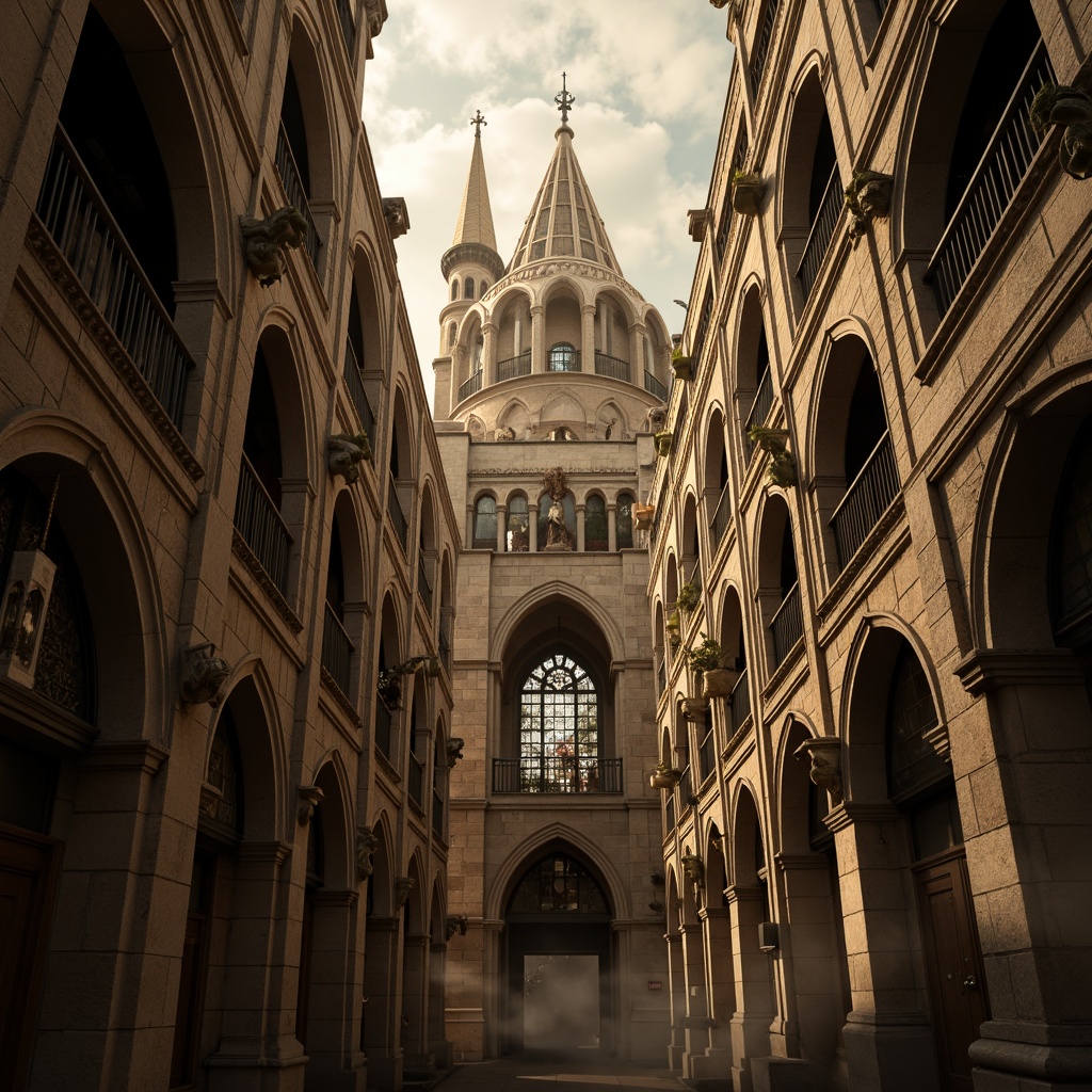 Prompt: Intricate stone carvings, grandiose cathedral, pointed arches, ribbed vaults, flying buttresses, stained glass windows, ornate gargoyles, dramatic spires, towering heights, mystical ambiance, warm golden lighting, high contrast, narrow depth of field, 1/2 composition, detailed textures, atmospheric fog.