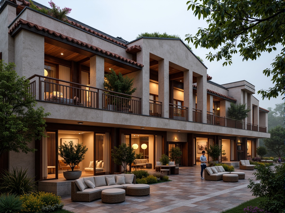 Prompt: Rustic hotel facade, earthy tones, natural stone walls, wooden accents, pitched roofs, terracotta tiles, ornate balconies, intricate carvings, local craftsmanship, regional patterns, vibrant textiles, warm ambient lighting, cozy outdoor seating, lush greenery, blooming flowers, misty morning atmosphere, soft focus blur, 1/2 composition, natural textures, atmospheric perspective.