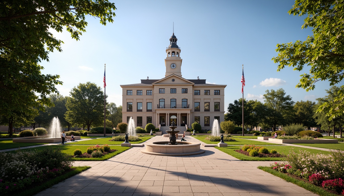 Prompt: Historic courthouse building, manicured lawns, ornate fountains, walking paths, seasonal flower beds, lush greenery, mature trees, elegant street lamps, granite sidewalks, bronze statues, American flags, sunny day, soft warm lighting, shallow depth of field, 3/4 composition, panoramic view, realistic textures, ambient occlusion.