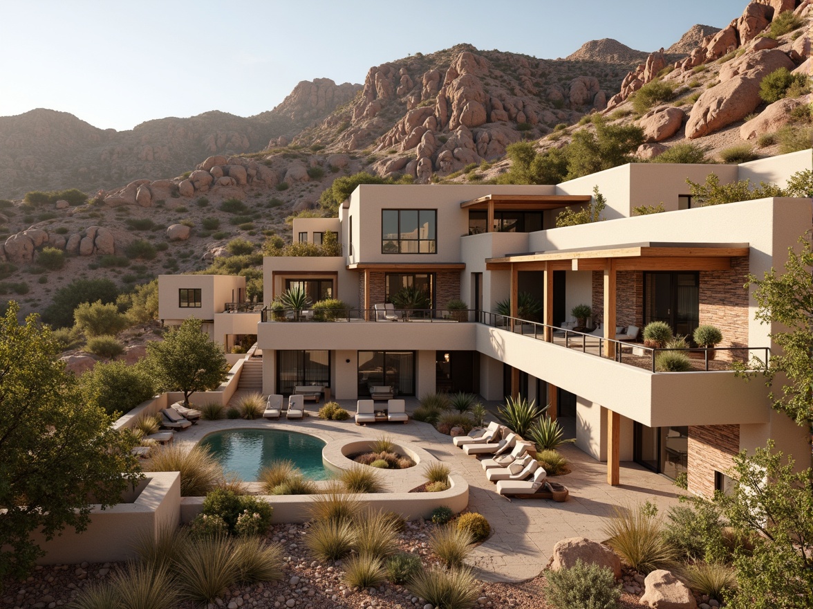 Prompt: Rustic canyon buildings, earthy tones, natural stone facades, wooden accents, modern desert architecture, cantilevered roofs, floor-to-ceiling windows, panoramic views, sun-drenched terraces, winding pathways, desert flora, cacti plants, rocky outcroppings, warm beige stucco, earth-toned brickwork, Southwestern-inspired patterns, vibrant turquoise accents, soft warm lighting, shallow depth of field, 1/1 composition, realistic textures, ambient occlusion.