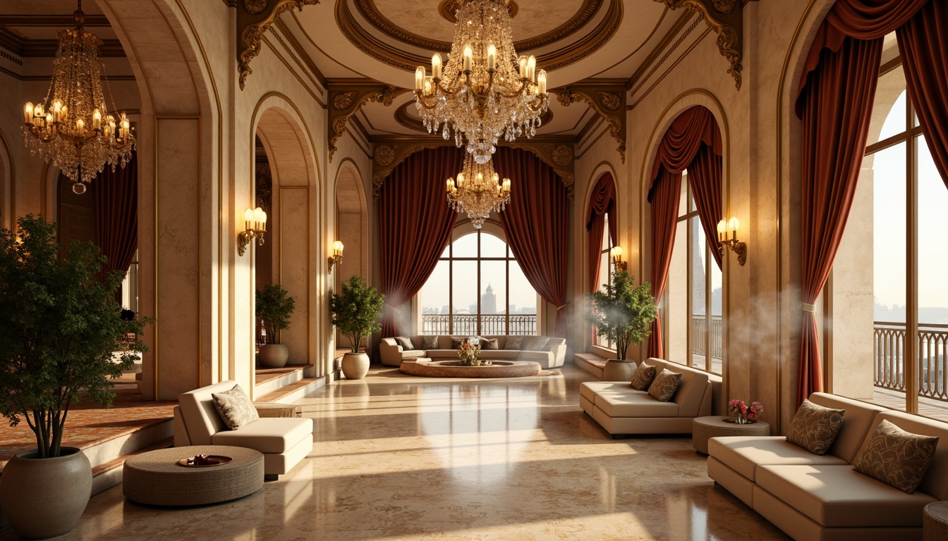 Prompt: Luxurious penthouse, Romanesque style, warm beige stone walls, ornate golden accents, rich velvet drapes, crystal chandeliers, lavish furnishings, creamy marble floors, intricate mosaics, soft warm lighting, subtle shadows, atmospheric smoke effects, cinematic 3/4 composition, dramatic low-angle shot, realistic textures, ambient occlusion.