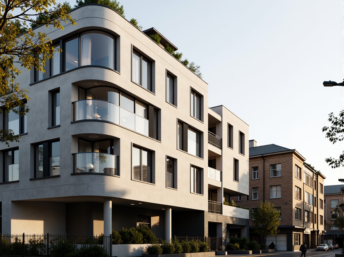 Prompt: Modern dormitory building, minimalist facade, clean lines, monochromatic color scheme, large windows, sliding glass doors, industrial metal accents, geometric patterns, asymmetrical composition, urban cityscape, morning sunlight, soft warm lighting, shallow depth of field, 3/4 composition, panoramic view, realistic textures, ambient occlusion.