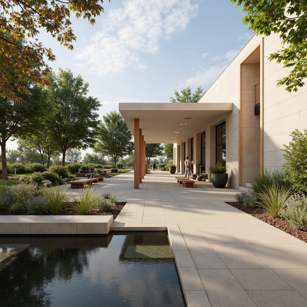 Prompt: Soothing memorial center, natural stone exterior, modern minimalist architecture, calming water features, serene landscaping, gentle breeze, warm beige walls, soft gray floors, comforting cream accents, subtle wood textures, elegant metal details, peaceful atmosphere, soft diffused lighting, shallow depth of field, 3/4 composition, panoramic view, realistic renderings, ambient occlusion, remembrance garden, tranquil fountain, memorial plaques, quiet reflection areas.