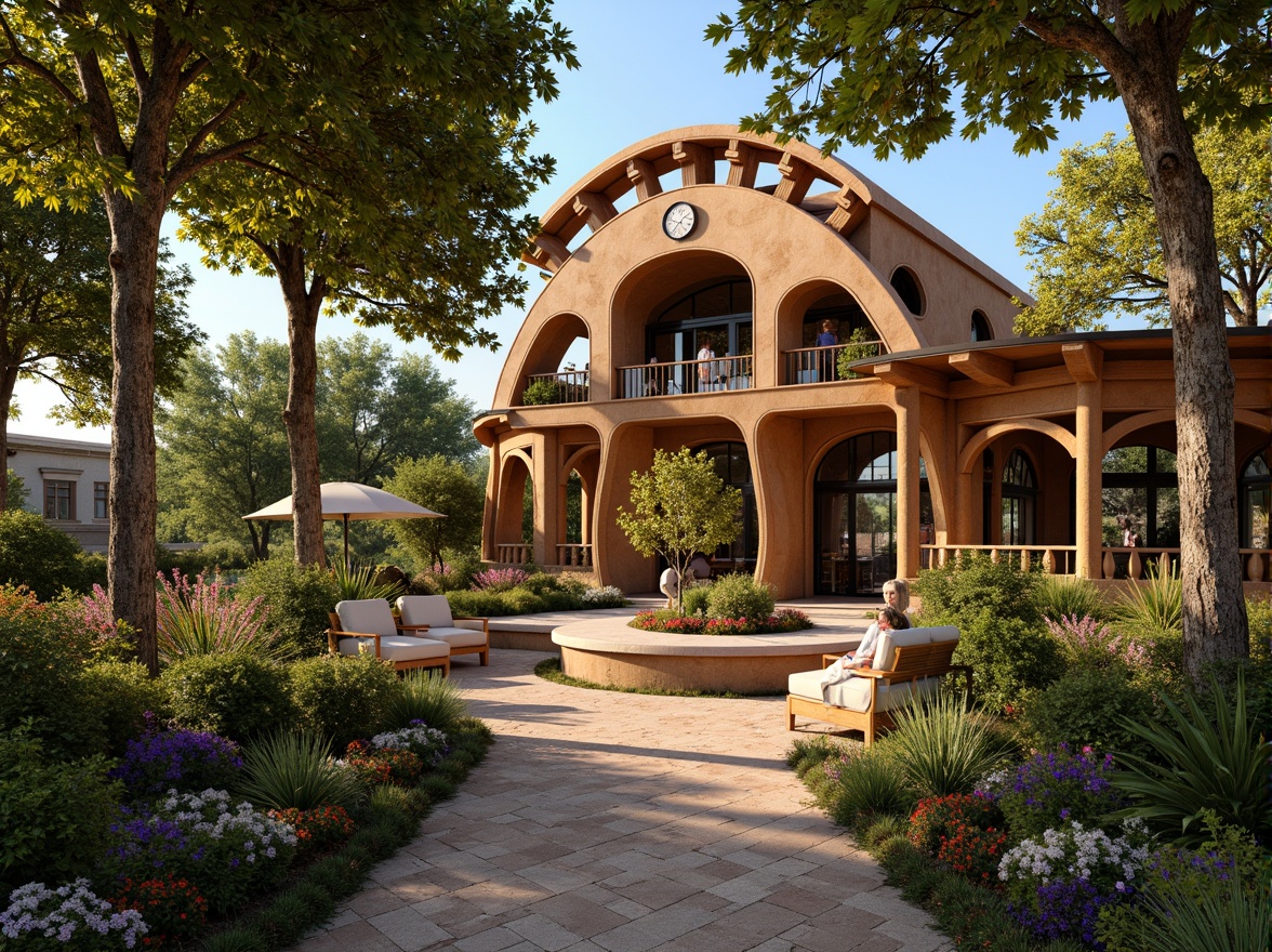 Prompt: Whimsical pavilion, sinuous curves, organic forms, flowing lines, botanical motifs, intricate carvings, ornate details, natural materials, wooden structures, stained glass windows, colorful mosaics, lush greenery, vibrant flowers, soft warm lighting, shallow depth of field, 1/2 composition, atmospheric perspective, realistic textures, ambient occlusion.