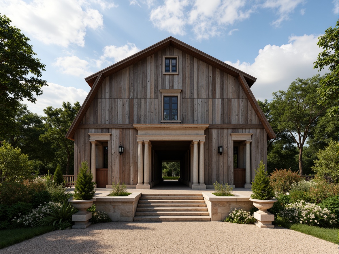 Prompt: Rustic barn, neoclassical facade, weathered wooden planks, ornate cornices, grand entrance gates, symmetrical composition, classic columns, architraves, pilasters, rustic stone foundations, lush greenery, overgrown vines, natural surroundings, warm sunny day, soft diffused lighting, 1/1 composition, shallow depth of field, realistic textures, ambient occlusion.