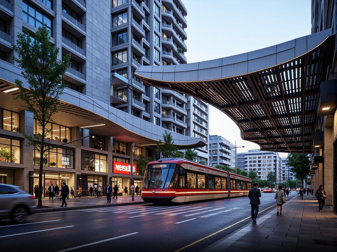 Prompt: Futuristic tram station, dynamic LED lights, undulating rooflines, cantilevered canopies, sleek glass facades, metallic mesh panels, vibrant neon signage, modern urban landscape, bustling city streets, pedestrian walkways, cyclist lanes, green roofs, solar panels, rainwater harvesting systems, energy-efficient systems, angular steel structures, geometric patterns, reflective surfaces, shallow depth of field, 3/4 composition, panoramic view, realistic textures, ambient occlusion.