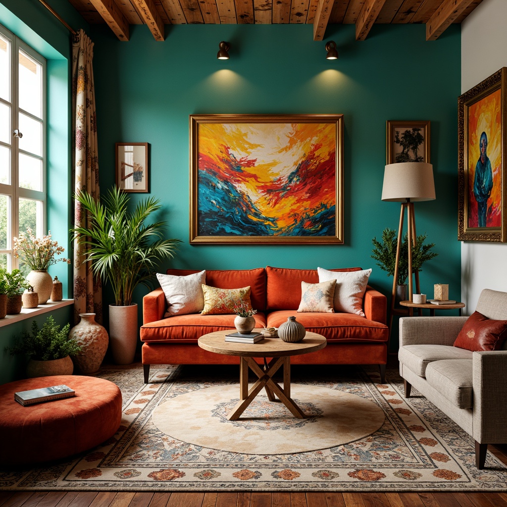 Prompt: Vibrant art studio, eclectic decorative accents, rich turquoise walls, warm golden lighting, luxurious velvet furniture, bold brushstroke artworks, abstract expressionist paintings, ornate gold frames, distressed wood textures, bohemian-inspired patterns, intricate Moroccan tiles, soft creamy carpets, lush greenery, natural stone sculptures, artistic splashes of color, whimsical fantastical elements, 1/2 composition, warm atmospheric lighting, realistic textures, ambient occlusion.