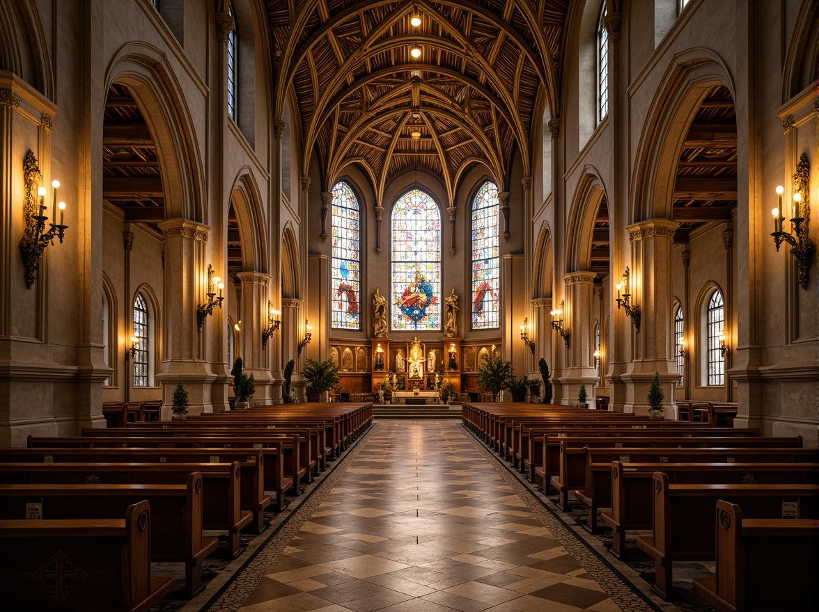 Prompt: Intricate stone carvings, ornate marble floors, grandiose stained glass windows, rustic wooden pews, luxurious velvet drapes, gleaming metal fixtures, sacred symbolic murals, majestic vaulted ceilings, solemn prayer halls, peaceful candlelit ambiance, warm golden lighting, shallow depth of field, 1/1 composition, realistic textures, ambient occlusion.