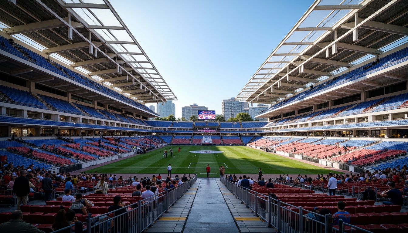 Prompt: Modern stadium architecture, tiered seating, vibrant team colors, dynamic LED lighting, transparent roofs, open-air concourses, grand entrance gates, sleek metal railings, polished concrete floors, urban cityscape backdrop, bustling crowd atmosphere, electric game-day ambiance, shallow depth of field, 3/4 composition, panoramic view, realistic textures, ambient occlusion.