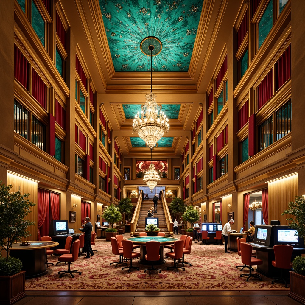 Prompt: Luxurious casino interior, ornate gold accents, intricate curved lines, flowing organic patterns, vibrant turquoise mosaics, lavish chandeliers, rich velvet drapes, elaborate fresco ceilings, grand staircases, ornamental ironwork, gilded moldings, opulent furnishings, plush carpets, warm golden lighting, dramatic shadows, cinematic composition, high-contrast ratio, shallow depth of field, 1/2 camera angle, detailed textures, ambient occlusion.