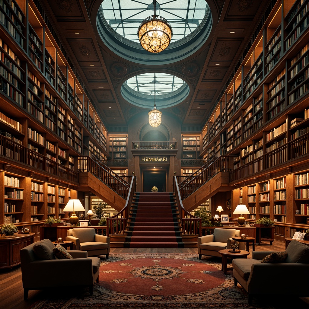 Prompt: Richly ornamented library, warm golden lighting, vintage wooden shelves, leather-bound books, comfortable reading nooks, intricate moldings, ornate chandeliers, bold color palette, deep blues, rich reds, earthy tones, creamy whites, sophisticated ambiance, luxurious textures, classic literature, mysterious atmosphere, dramatic archways, grand staircases, soft warm glow, low-key lighting, atmospheric fog, cinematic composition, symmetrical framing.