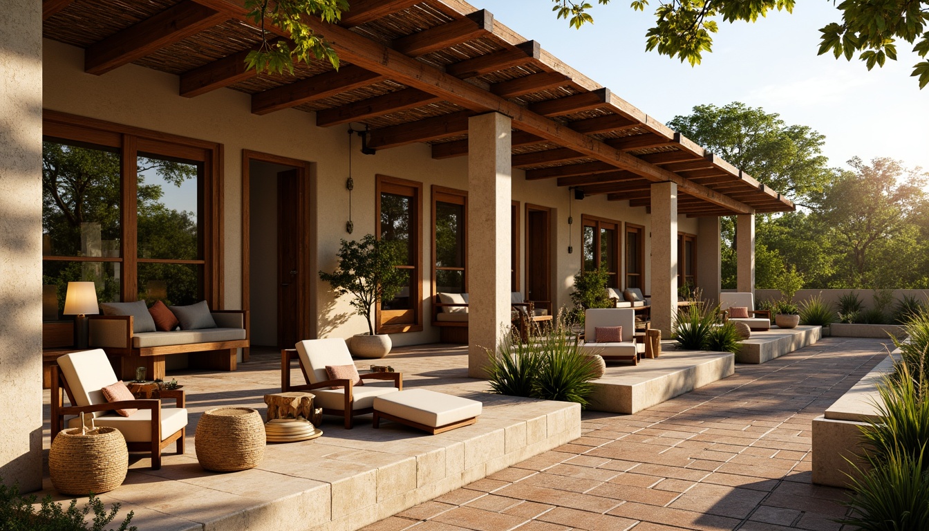 Prompt: Rustic hotel exterior, natural stone walls, wooden accents, earthy color palette, regional ceramic tiles, woven textiles, organic patterns, locally sourced wood furniture, tropical plants, lush greenery, warm sunny day, soft golden lighting, shallow depth of field, 3/4 composition, panoramic view, realistic textures, ambient occlusion.