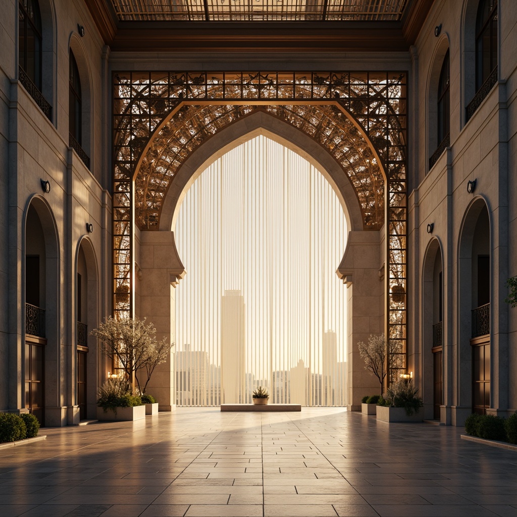 Prompt: Ethereal gateways, delicate filigree details, luminous arches, translucent stone walls, iridescent glass ceilings, shimmering curtains, soft diffused lighting, warm ambient glow, subtle color gradients, refined ornate patterns, intricate metalwork, airy open spaces, minimalist design, serene atmosphere, natural light pouring in, 1/1 composition, high-key image, gentle focus blur.