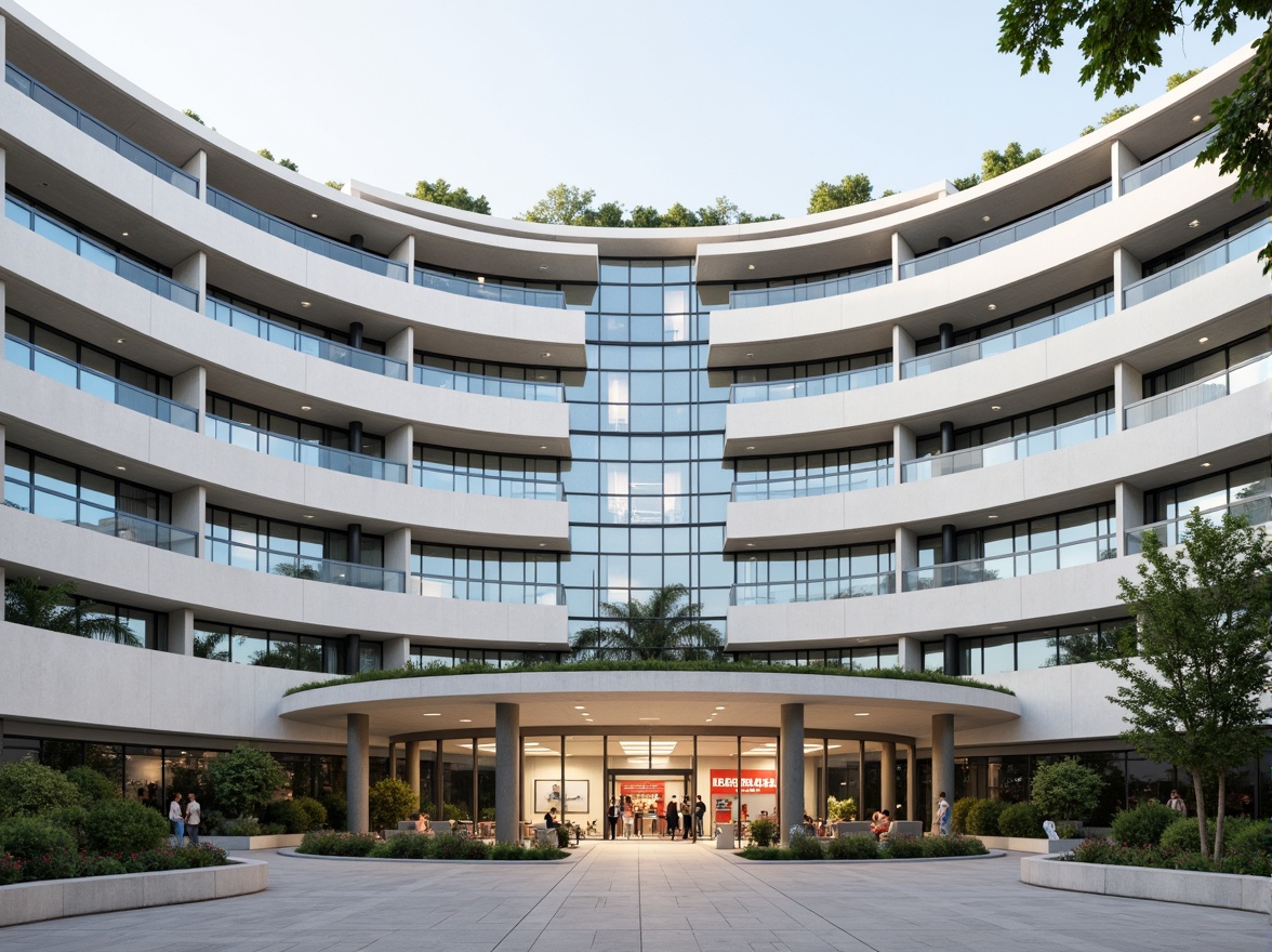 Prompt: Curved hospital facade, bold structuralist architecture, exposed concrete columns, angular metal beams, cantilevered floors, asymmetrical compositions, functionalist detailing, minimalist ornamentation, sterile white surfaces, large glass windows, sliding doors, wheelchair-accessible ramps, ambulance entrance, emergency room signage, medical equipment storage, green roof spaces, natural ventilation systems, soft indirect lighting, shallow depth of field, 2/3 composition, realistic textures, ambient occlusion.