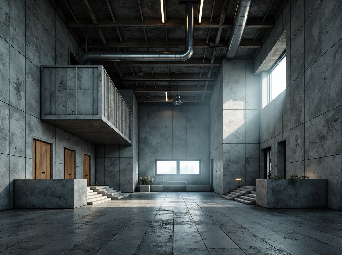 Prompt: Rough concrete walls, brutalist architecture, industrial textures, raw metal beams, exposed ductwork, bold geometric shapes, dramatic lighting, high ceilings, open spaces, minimal ornamentation, functional design, cold atmospheric tone, misty ambiance, softbox lighting, 1/1 composition, realistic render, ambient occlusion.