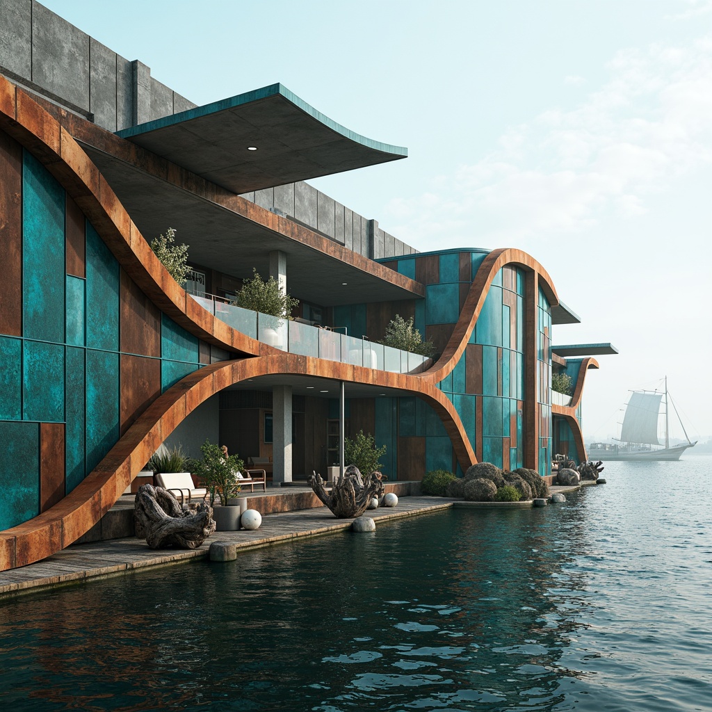 Prompt: Curved ocean-facing facade, futuristic workshop architecture, rusted metal cladding, iridescent glass panels, angular balconies, cantilevered rooflines, turquoise accents, nautical rope details, weathered wood textures, driftwood-inspired sculptures, misty morning atmosphere, soft ocean breeze, shallow depth of field, 1/2 composition, cinematic view, realistic reflections, ambient occlusion.