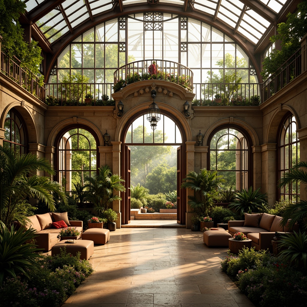 Prompt: Ornate greenhouse, Baroque-style architecture, grandiose entrance, curved lines, ornamental details, lush greenery, vibrant flowers, tropical plants, warm natural light, soft misty atmosphere, delicate glass panels, intricate metal frameworks, rustic stone walls, vintage wooden doors, elegant chandeliers, rich velvet drapes, lavish furnishings, sophisticated ambiance, shallow depth of field, 1/2 composition, warm golden lighting, realistic textures, ambient occlusion.