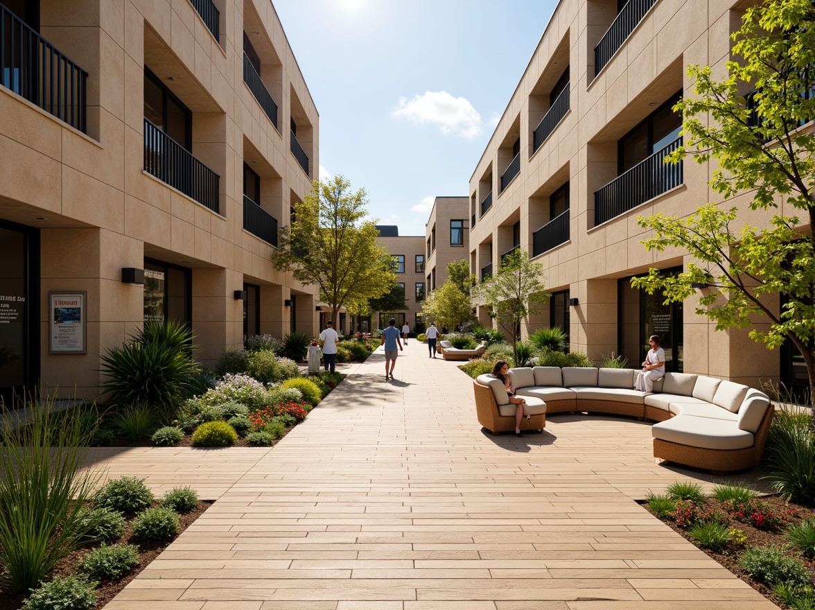 Prompt: Vibrant university campus, modern academic buildings, natural stone walls, wooden accents, earthy tones, rich wood flooring, warm beige colors, soothing greenery, botanical gardens, comfortable seating areas, collaborative workspaces, educational graphics, inspiring quotes, softbox lighting, shallow depth of field, 1/1 composition, realistic textures, ambient occlusion.