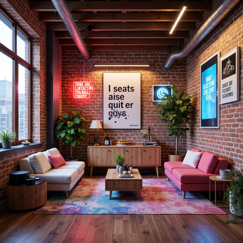 Prompt: Vibrant design studio, modern artistic space, eclectic furniture, bold color accents, pastel hues, neon lights, sleek metal fixtures, minimalist decor, inspirational quotes, creative freedom, natural wood textures, industrial chic, urban loft atmosphere, warm overhead lighting, shallow depth of field, 1/1 composition, realistic renderings, ambient occlusion.