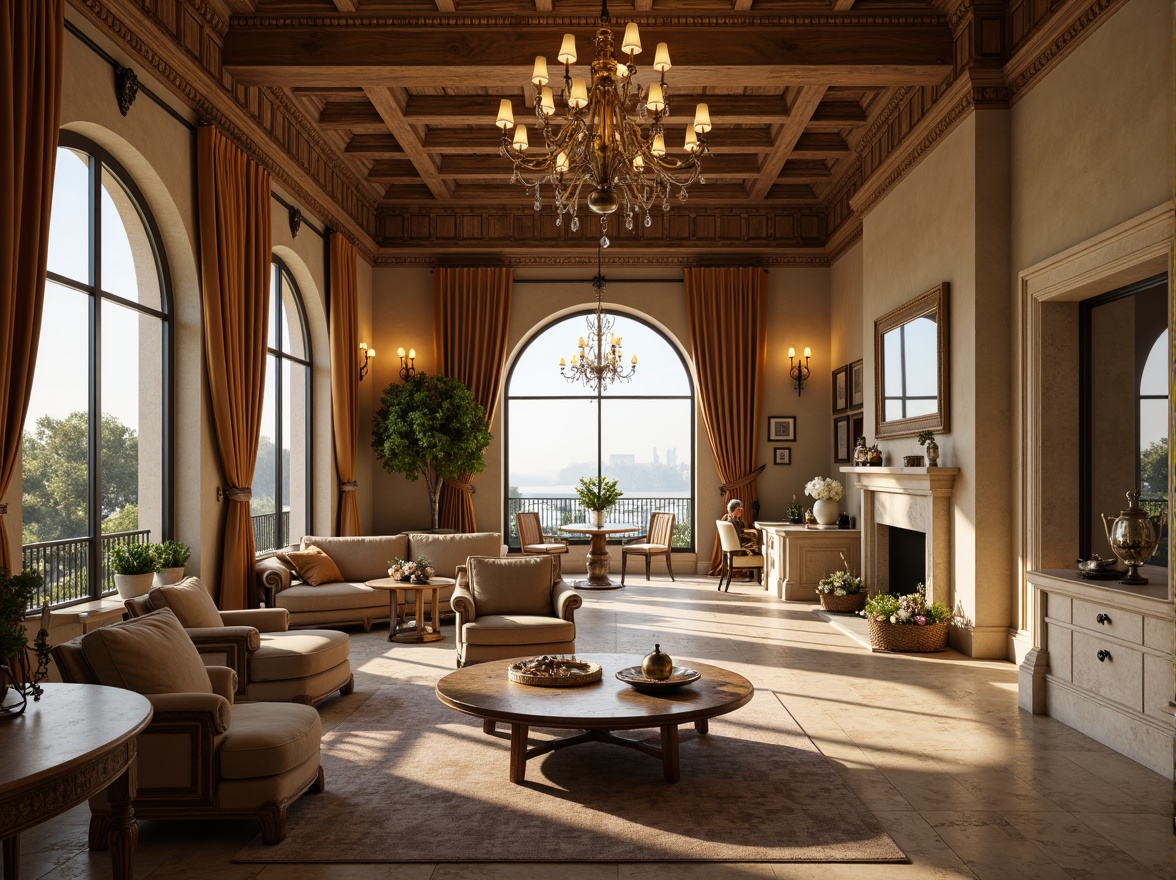 Prompt: Luxurious penthouse, Romanesque style, warm beige walls, rich walnut wood floors, creamy marble countertops, soft golden lighting, ornate metalwork details, lavish furnishings, velvet drapes, bronze accents, earthy tone color scheme, muted greenery, natural stone columns, arched windows, grand chandelier, opulent textures, subtle patterns, warm atmosphere, cinematic view, dramatic composition, high contrast ratio.