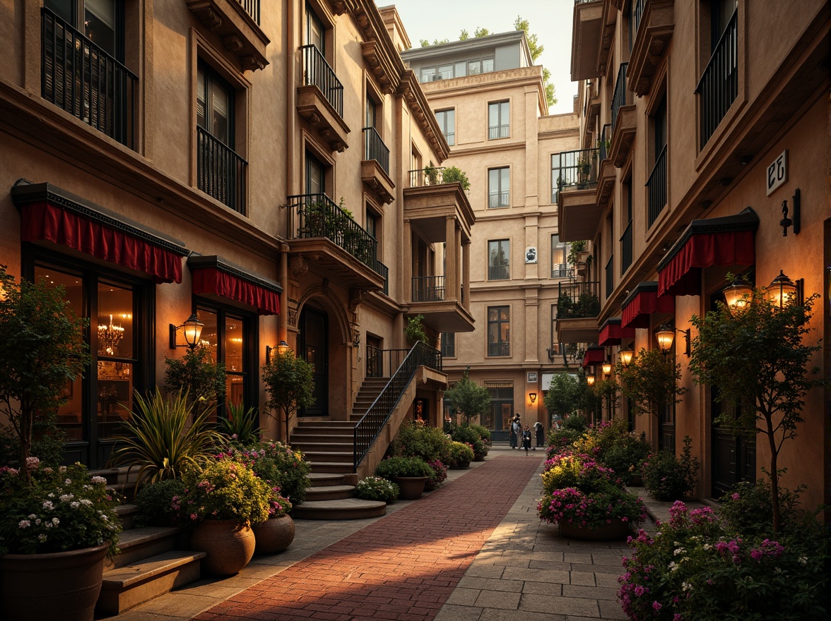 Prompt: Richly ornate buildings, grandiose fa\u00e7ades, warm golden lighting, soft misty atmosphere, vibrant florals, lush greenery, intricately carved stonework, delicate ironwork details, ornate balconies, sweeping staircases, lavish chandeliers, velvety red drapes, mysterious twilight shadows, cinematic composition, low-key backlighting, dramatic contrast, 1/2 frame ratio, warm color palette, nostalgic ambiance.