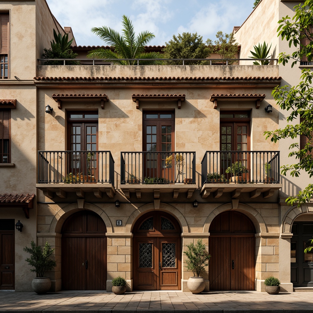 Prompt: Rustic loft building, Romanesque facade, distressed stone walls, ornate archways, grand entrance doors, heavy wooden shutters, weathered copper roofs, decorative ironwork, intricately carved stonework, warm earthy tones, soft natural lighting, atmospheric shadows, rich textures, shallow depth of field, 1/2 composition, symmetrical framing, dramatic high-angle view, cinematic mood.