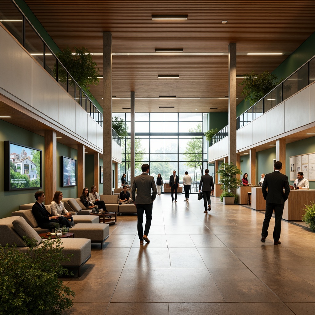 Prompt: Visitor center interior, open floor plan, natural light pouring in, sleek wooden flooring, modern minimalist decor, interactive exhibits, digital displays, educational signage, comfortable seating areas, information desks, friendly staff, spacious corridors, accessible restrooms, adaptable meeting rooms, state-of-the-art audiovisual equipment, green walls, living plants, abundant natural materials, earthy color palette, warm ambient lighting, shallow depth of field, 3/4 composition, panoramic view, realistic textures, ambient occlusion.