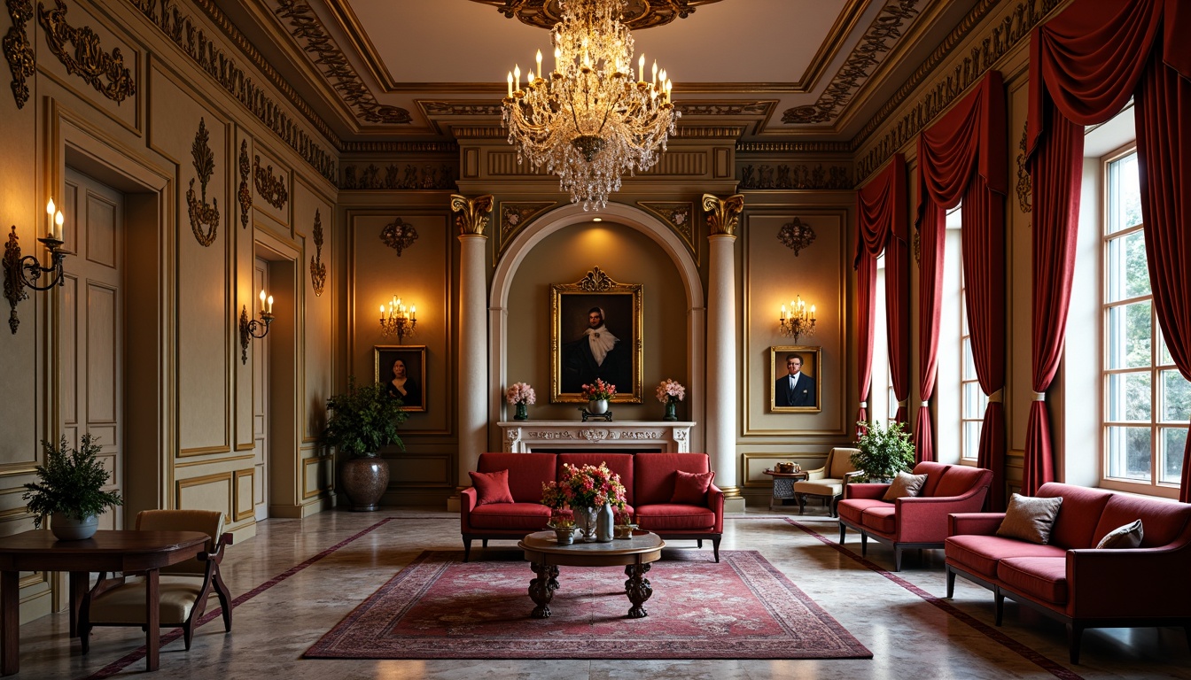 Prompt: Opulent Baroque interior, rich velvet drapes, golden ornate frames, lavish crystal chandeliers, intricate marble floors, warm beige walls, soft creamy accents, luxurious jewel-toned furnishings, regal reds and blues, dramatic dark shadows, warm candlelight, high contrast ratio, intense color saturation, ornate gilded details, subtle texture overlays.