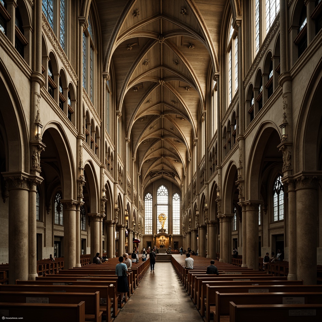 Prompt: Grandiose cathedral, intricate stone carvings, pointed arches, ribbed vaults, flying buttresses, ornate gargoyles, stained glass windows, dramatic verticality, soaring ceilings, lavish ornamentation, richly textured stonework, mysterious ambiance, warm golden lighting, high contrast ratio, 1/1 composition, symmetrical framing, atmospheric perspective.