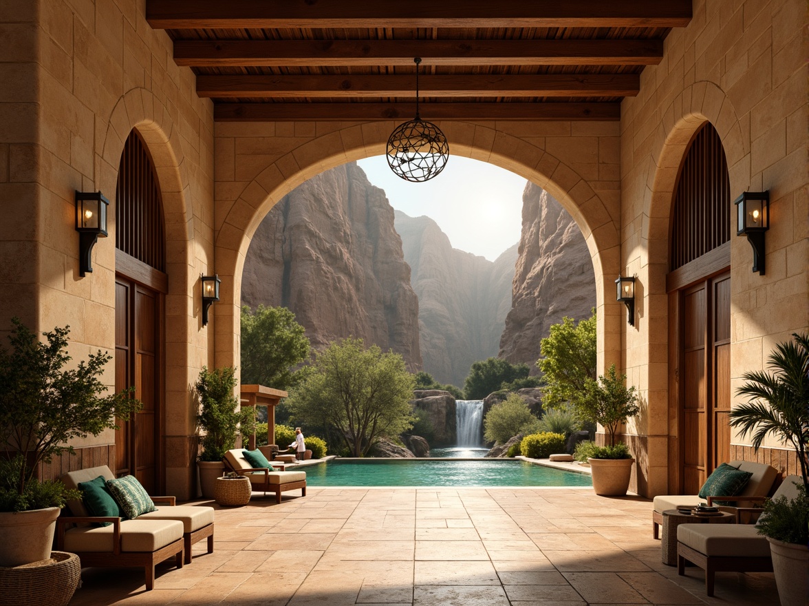 Prompt: Warm sandstone walls, rustic wooden accents, soft sage greenery, misty waterfalls, serene canyon landscape, warm beige stonework, earthy terracotta tiles, vibrant turquoise accents, natural rock formations, dramatic archways, grand entrance halls, ornate metalwork, elegant lanterns, cozy fireplaces, plush furnishings, warm golden lighting, shallow depth of field, 1/2 composition, cinematic view, realistic textures, ambient occlusion.