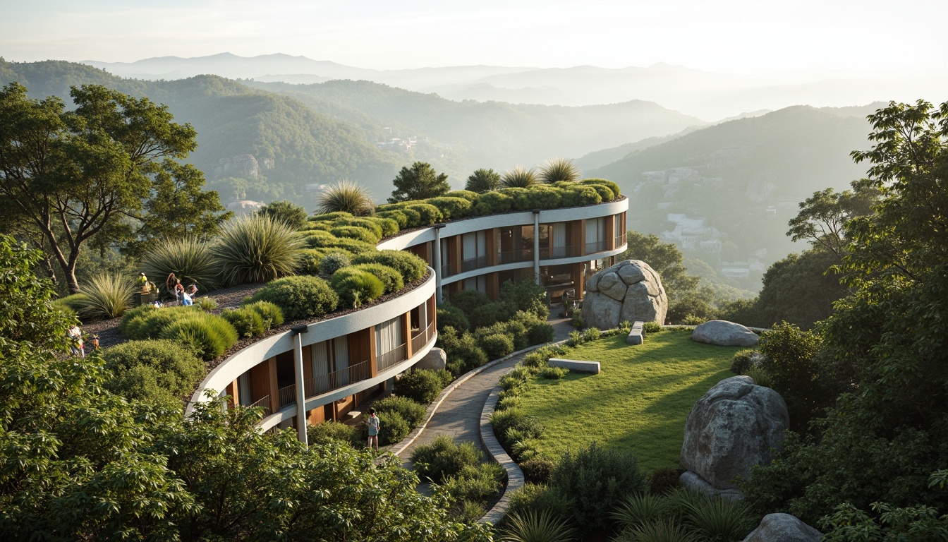 Prompt: Harmonious building integration, lush green roofs, native plant species, natural stone walls, curved lines, organic forms, earthy tones, sustainable materials, seamless transitions, blurred boundaries, scenic views, panoramic vistas, soft morning light, misty atmosphere, 3/4 composition, realistic textures, ambient occlusion.