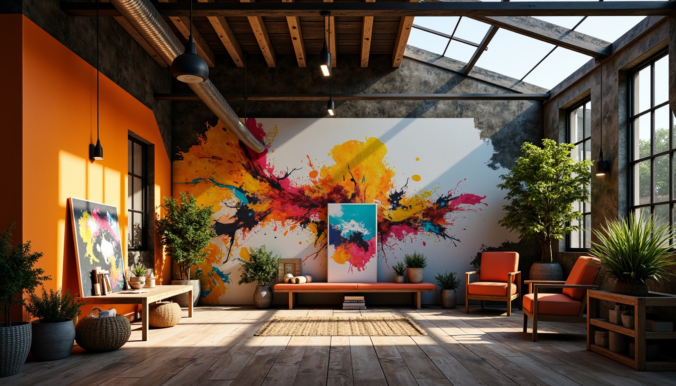 Prompt: Vibrant modern art studio, eclectic color scheme, bold brushstrokes, textured canvas, abstract expressionism, bright accent walls, natural wood flooring, industrial metal beams, overhead skylights, dramatic shadows, moody atmosphere, warm golden lighting, high contrast ratios, cinematic composition, artistic freedom, expressive typography.