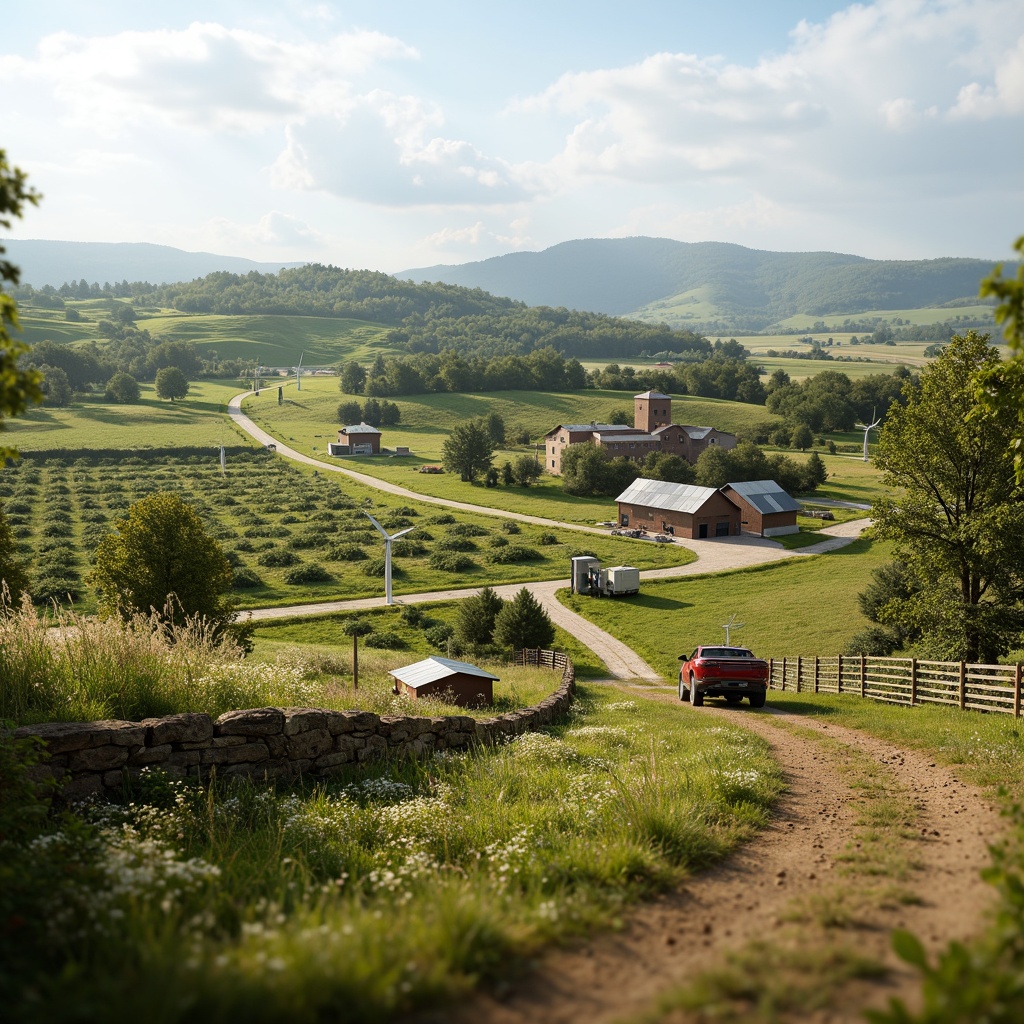 Prompt: Rustic farmland scenery, rolling hills, vast open spaces, scattered farmhouses, windmills, solar panels, electric vehicle charging stations, modern agricultural equipment, verdant greenery, blooming wildflowers, dirt roads, wooden fences, natural stone walls, earthy tones, warm sunny day, soft diffused lighting, shallow depth of field, 1/2 composition, realistic textures, ambient occlusion.