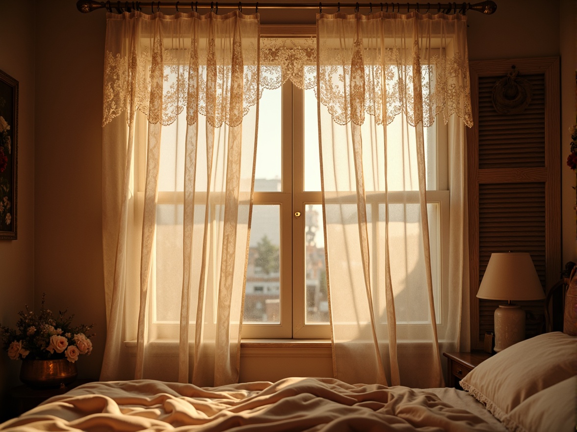 Prompt: Whimsical boudoir, soft warm lighting, delicate lace curtains, flowing silk drapes, romantic flower patterns, sheer fabric textures, ornate metal rods, antique wooden shutters, velvety blackout blinds, dreamy misty atmosphere, gentle morning sunlight, 1/1 composition, intimate close-up shot, warm color palette, realistic fabric folds.