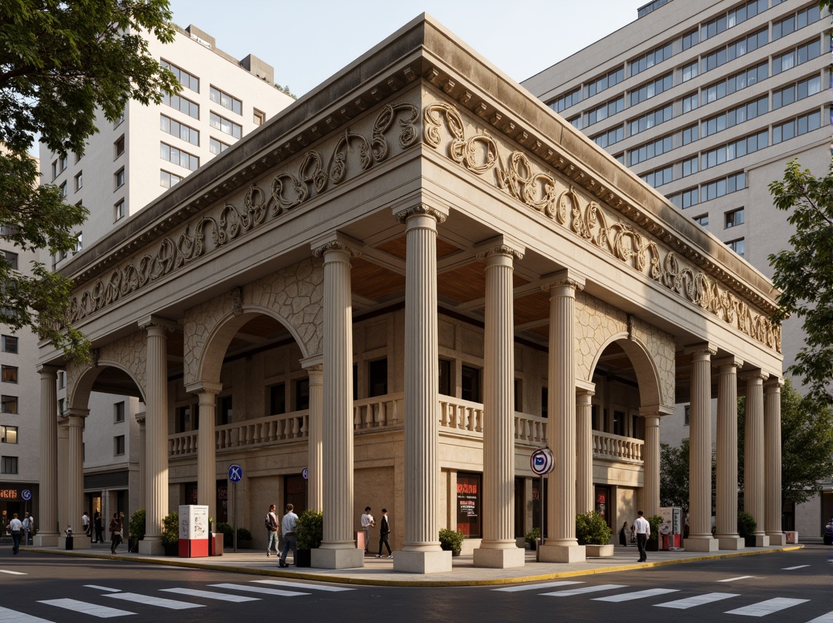 Prompt: Ornate gas station, neoclassical architecture, grand entrance, fluted columns, ornamental details, symmetrical fa\u00e7ade, arched windows, decorative cornices, rusticated stone walls, metallic accents, elegant signage, subtle lighting, warm beige color scheme, refined textures, high-contrast rendering, shallow depth of field, 1/2 composition, soft focus, atmospheric perspective.