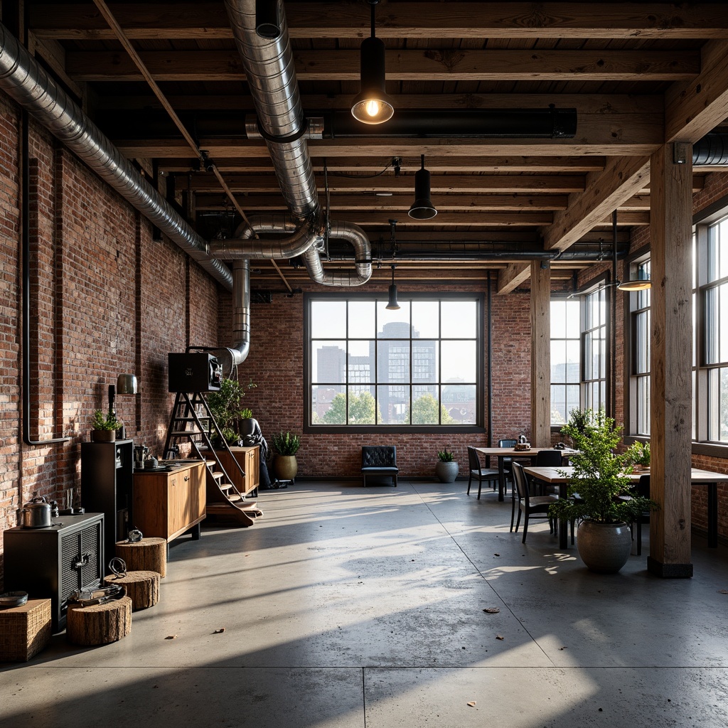 Prompt: Exposed brick walls, metal beams, reclaimed wood accents, industrial-style lighting fixtures, concrete floors, urban cityscape, abandoned factory backdrop, rusty machinery, distressed textures, vintage manufacturing equipment, modern minimalist decor, functional pipes, metallic staircase, Edison bulbs, open-plan layout, natural light pouring in, high ceilings, brutalist architecture, functional simplicity, raw unfinished look, eclectic mix of materials, dynamic composition.