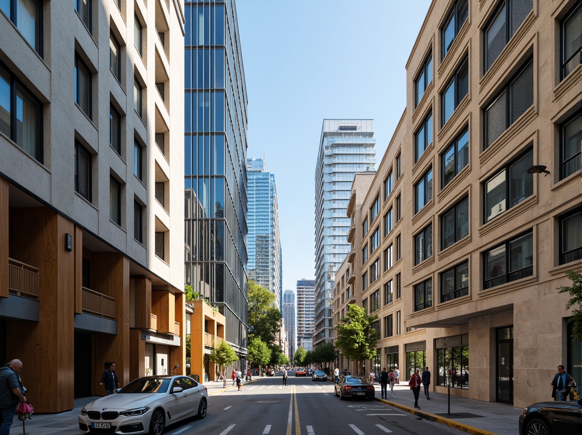 Prompt: Vibrant cityscape, modern skyscrapers, glass facades, sleek metal accents, bold color blocking, contrasting hues, urban atmosphere, busy streets, morning sunlight, soft shadows, 1/1 composition, realistic textures, ambient occlusion, neutral beige walls, deep blue highlights, bright yellow accents, rich brown wood tones, cool grey stone floors.