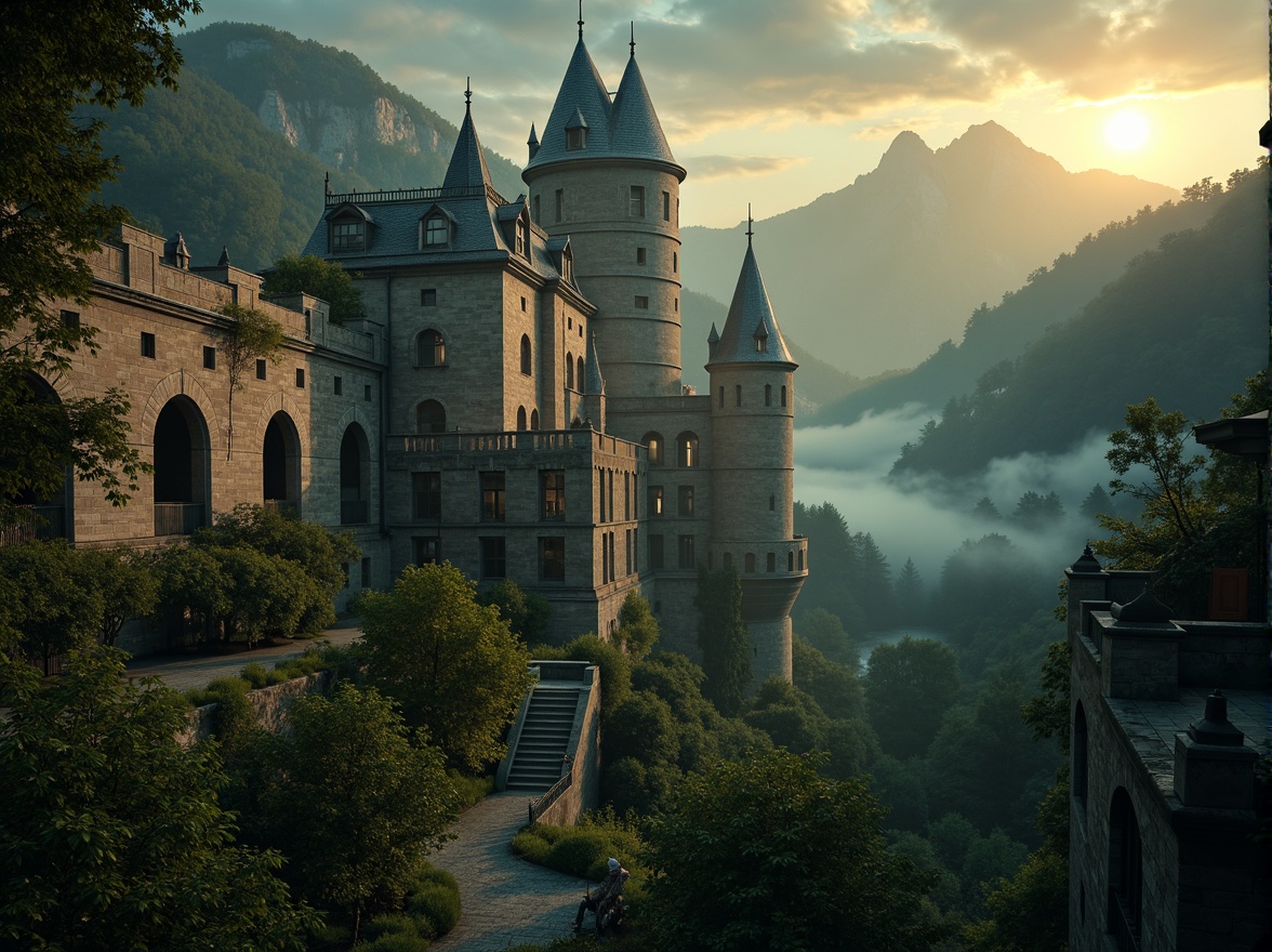 Prompt: Majestic towers, medieval architecture, stone walls, Gothic spires, ivy-covered facades, mystical fog, dreamy moonlight, warm golden lighting, soft focus, shallow depth of field, 1/1 composition, atmospheric perspective, misty mountains, lush green forests, winding staircases, grand halls, ornate furnishings, vintage tapestries, nostalgic ambiance, romanticism-inspired colors.