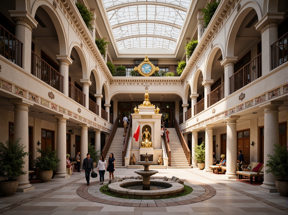 Prompt: Grand civic plaza, ornate fountain, national flag, monumental sculptures, cultural heritage symbols, traditional architectural elements, intricate stone carvings, vibrant tile work, ornamental metal grilles, grand staircases, high ceilings, marble floors, elegant chandeliers, warm natural lighting, shallow depth of field, 3/4 composition, panoramic view, realistic textures, ambient occlusion.