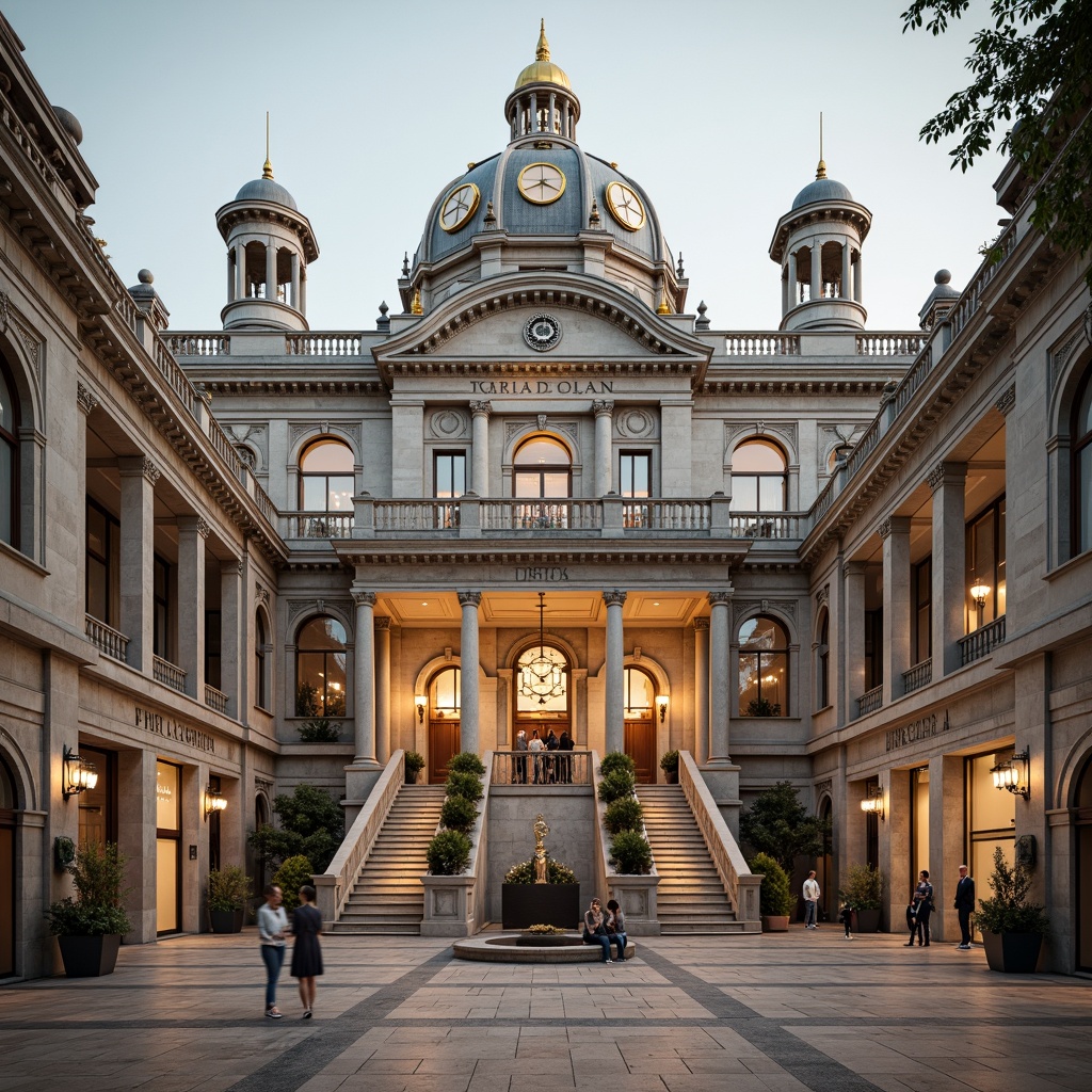 Prompt: Grand courthouse building, Corinthian columns, ornate stone carvings, classical pediments, intricate frieze patterns, majestic dome roofs, golden clock towers, symmetrical facade design, balanced proportions, rusticated bases, ionic capitals, decorative balustrades, grand staircase entrances, polished marble floors, high ceilings, large arched windows, solemn atmosphere, warm natural lighting, shallow depth of field, central axis composition, realistic textures, ambient occlusion.