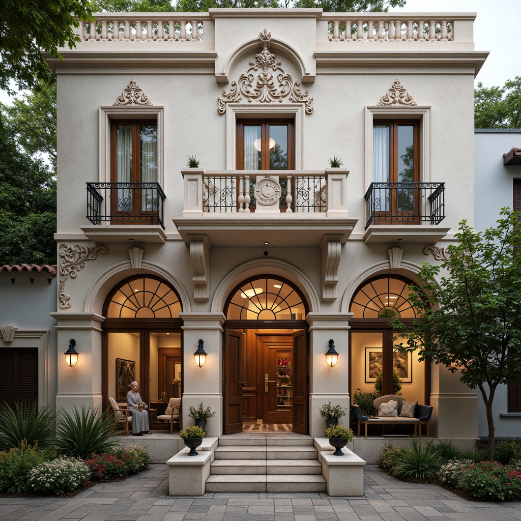 Prompt: Whimsical clinic facade, ornate details, soft pastel colors, floral patterns, intricate stone carvings, grand entrance arches, symmetrical composition, romantic balconies, delicate iron railings, stained glass windows, warm golden lighting, soft focus, shallow depth of field, 1/1 composition, intimate atmosphere, vintage medical equipment, distressed wooden doors, antique furniture, lush greenery, blooming flowers, serene natural surroundings, misty morning light.