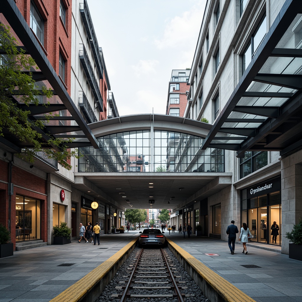 Prompt: Functional train station, industrial aesthetic, rectangular forms, clean lines, minimal ornamentation, primary colors, steel structures, glass roofs, geometric patterns, functional typography, modernist architecture, urban landscape, busy streets, morning commute, soft natural light, shallow depth of field, 1/2 composition, symmetric view, realistic materials, ambient occlusion.