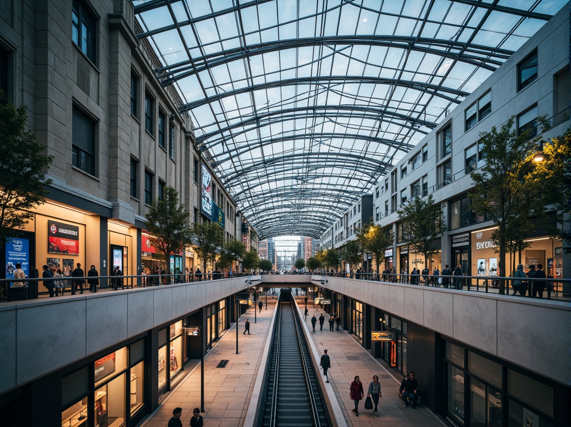 Prompt: Modern tram station, curved glass roof, steel framework, sleek metal beams, cantilevered platforms, futuristic lighting fixtures, urban cityscape, bustling streets, pedestrian traffic, vibrant advertisements, dynamic signage, angular architecture, geometric patterns, minimalist design, efficient circulation routes, accessible staircases, elevators, natural stone flooring, industrial-style ceilings, warm ambiance, soft indirect lighting, shallow depth of field, 1/1 composition, realistic textures, ambient occlusion.