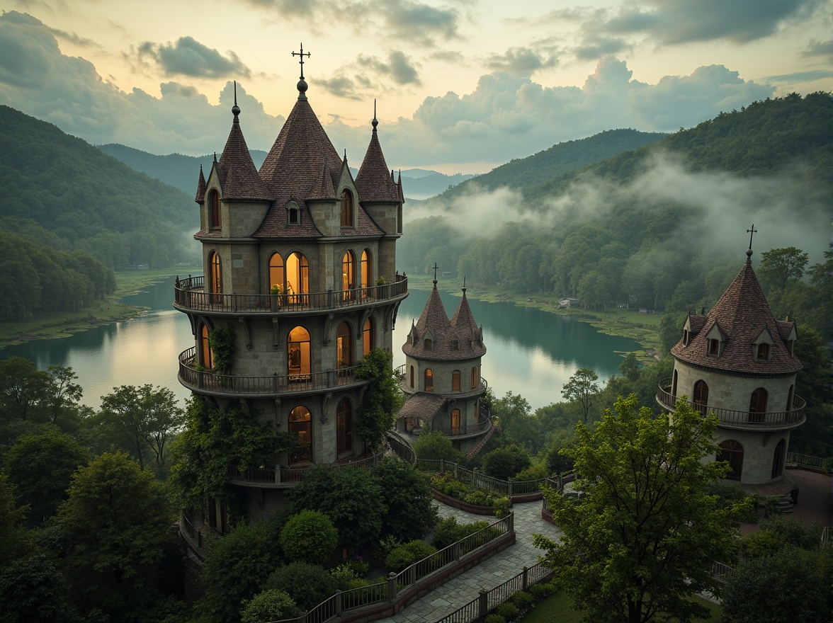 Prompt: Quaint watchtowers, mystical misty atmosphere, dreamy warm lighting, ornate Gothic details, intricate stone carvings, lush ivy vines, winding staircases, grandeur architecture, picturesque landscape, rolling hills, serene lakeside, soft focus blur, warm color palette, 1/2 composition, atmospheric perspective, dramatic sky with fluffy clouds, subtle texture overlays.