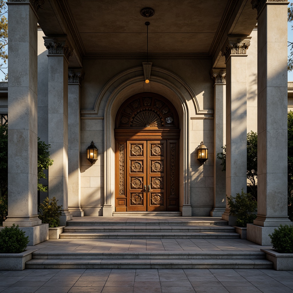 Prompt: Grandiose courthouse entrance, imposing stone columns, ornate Corinthian capitals, sweeping staircase, intricately carved wooden doors, polished brass door handles, elegant lanterns, symmetrical fa\u00e7ade, majestic archways, solemn atmosphere, natural light pouring in, high-contrast shadows, dramatic chiaroscuro, precise 1/2 composition, sharp focus on central axis, authentic textures, subtle ambient occlusion.