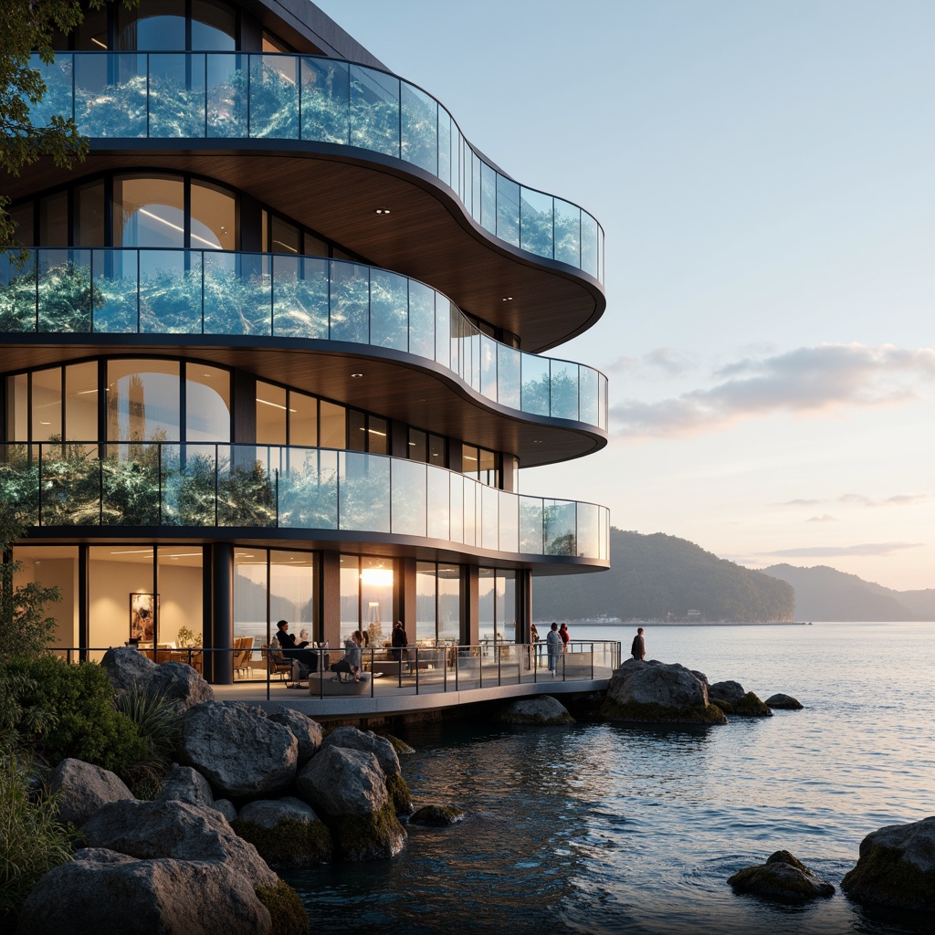 Prompt: Curved oceanfront facade, iridescent glass panels, undulating waves-inspired balconies, cantilevered rooflines, weathered wood accents, nautical-themed railings, futuristic LED lighting, misty morning atmosphere, soft ocean breeze, shallow water reflections, 1/1 composition, symmetrical framing, warm golden hour lighting, realistic seaweed textures, ambient occlusion, modern minimalist decor, sleek metal fixtures, marine-inspired color palette.