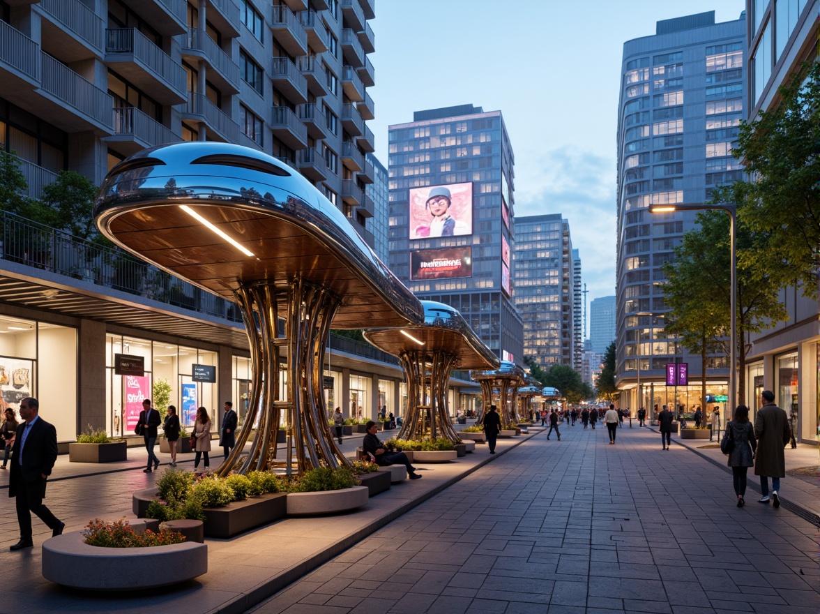 Prompt: Futuristic tram stations, curved blob-like structures, iridescent colors, reflective metallic surfaces, organic shapes, green roofs, urban integration, cityscape background, busy streets, pedestrian pathways, modern streetlights, vibrant neon signs, glass canopies, sleek benches, futuristic advertisements, ambient occlusion, shallow depth of field, 1/1 composition, realistic textures, soft warm lighting, panoramic view.