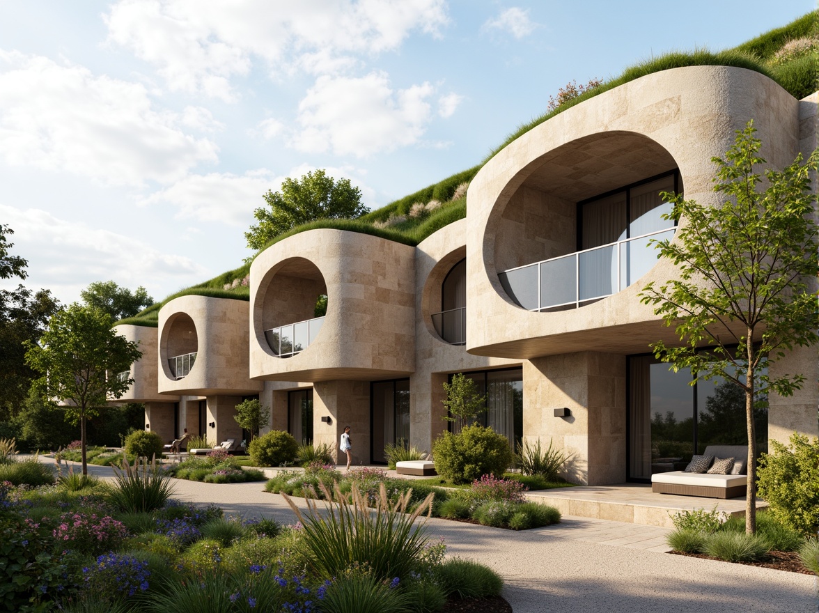 Prompt: Harmonious building facade, natural stone cladding, lush green roofs, curved lines, organic forms, earthy color palette, subtle texture variations, seamless landscape integration, minimalist detailing, floor-to-ceiling windows, sliding glass doors, panoramic views, blurred boundaries, exterior-into-interior flow, serene atmosphere, warm sunny day, soft diffused lighting, 1/1 composition, realistic material rendering, ambient occlusion.