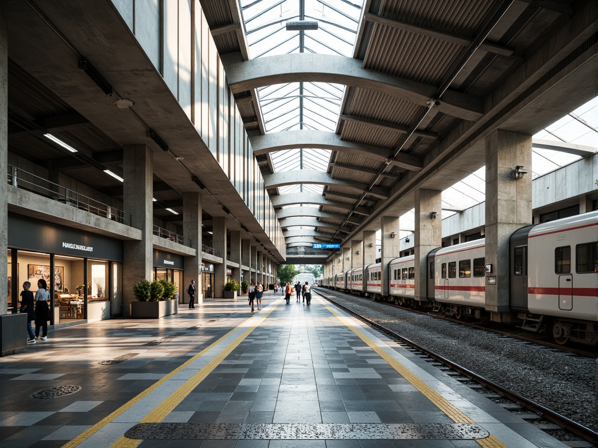 Prompt: Retro-futuristic train station, exposed industrial pipes, raw concrete walls, steel beams, polished metal accents, geometric patterned tiles, bold color-blocking, functional minimalist design, abundant natural light, clerestory windows, cantilevered canopies, sleek trains, modernist architecture, brutalist elements, rough-hewn stone floors, tactile wood paneling, industrial-style lighting fixtures, dynamic shadows, high-contrast textures, shallow depth of field, 1/1 composition, symmetrical framing.