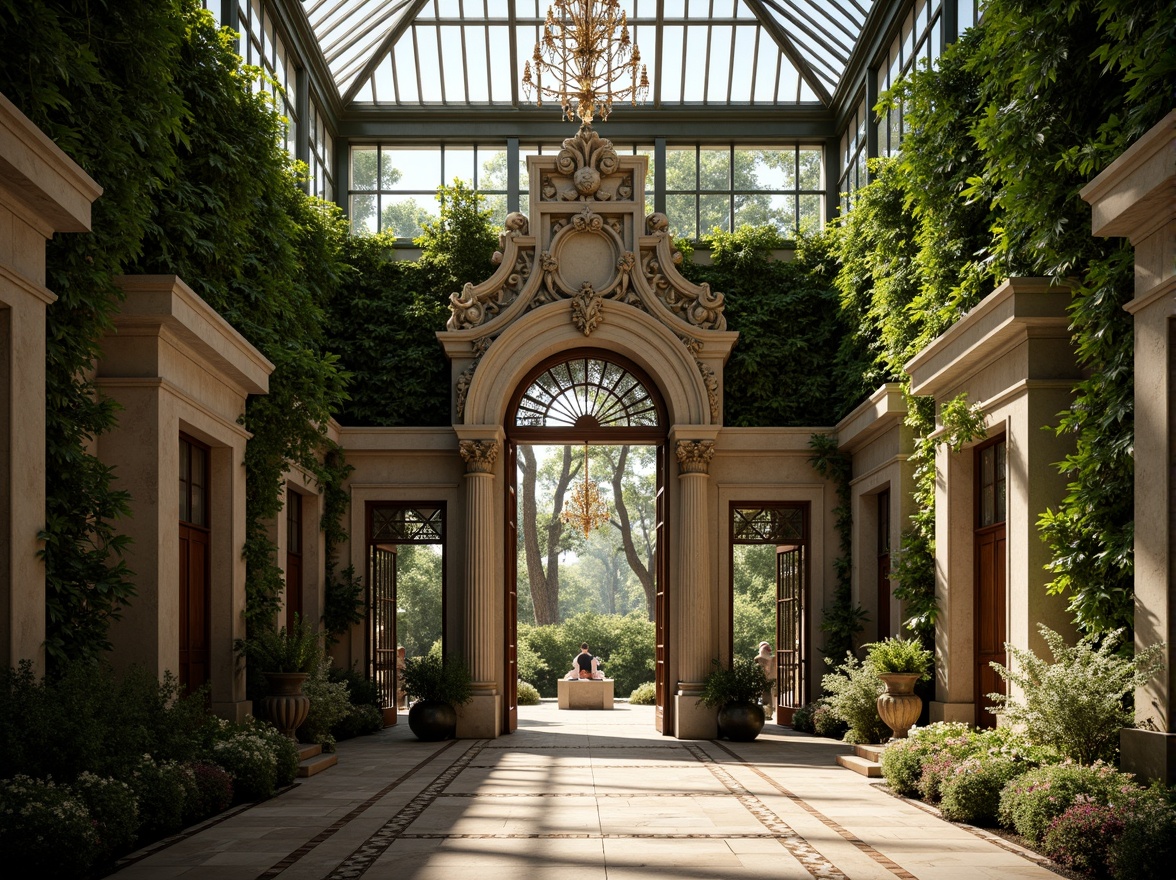 Prompt: Grandiose Baroque greenhouse, ornate stone carvings, lush green walls, vibrant floral patterns, intricately designed iron gates, sweeping archways, grand entrance doors, opulent chandeliers, lavish drapery, rich wood accents, gleaming marble floors, sparkling crystal decorations, soft warm lighting, dramatic shadows, 1/1 composition, low-angle shot, cinematic atmosphere, realistic glass reflections, subtle ambient occlusion.